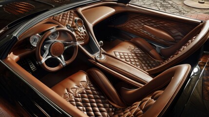 The interior of a sports car featuring luxurious brown leather seats, dashboard, and steering wheel.