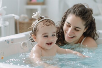 A woman and child are playing joyfully in a bathtub filled with water and toys