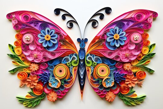 A vibrant butterfly crafted out of paper, showcasing intricate paper quilling techniques and stunning colors. Generative AI