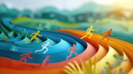 Obraz premium A group of people running on a track with a colorful background. Concept of energy and excitement as the runners compete against each other