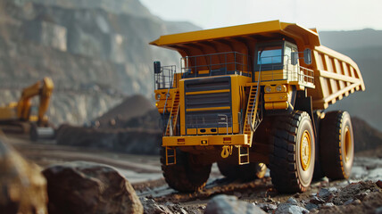 Massive Yellow Mining Truck in Action at Quarry. Concept open mine industry