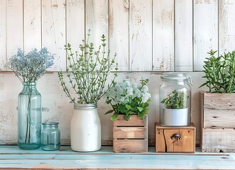 beautiful photo of a beautiful kitchen with white wood walls, vintage glass jars and potted plants in wooden boxes on the table, on an isolated background, minimalism, bright colors, 