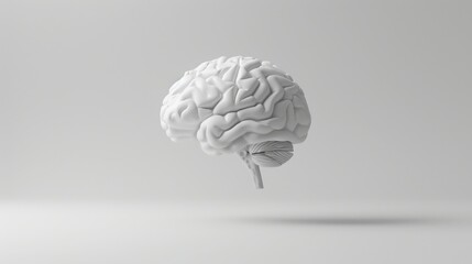A 3D illustration features a solitary white brain set against a subtle light gray backdrop