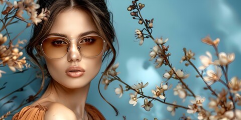 Fototapeta premium Stylish young woman in sunglasses posing against blue background with flowers. Concept Fashion Photography, Summer Style, Bold Accessories, Trendy Outfits, Portrait Poses
