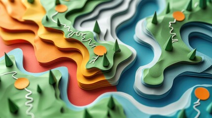 A paper mountain range with a river running through it. The mountains are of different colors and sizes, and the river is winding through them. The scene is peaceful and serene, with the trees