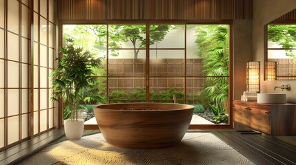 Elegant Bathroom with Traditional Wooden Japanese Bathtub