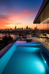 Fototapeta premium Luxury pool overlooking city skyline at sunset