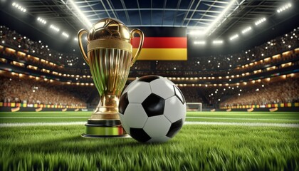 Football champion cup, soccer ball and german flag in a european stadium