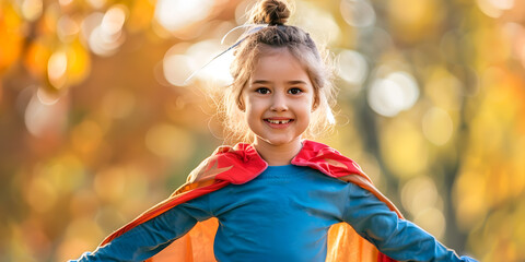 niña pequeña  jugando haciendo travesura disfrazada de superhéroe.