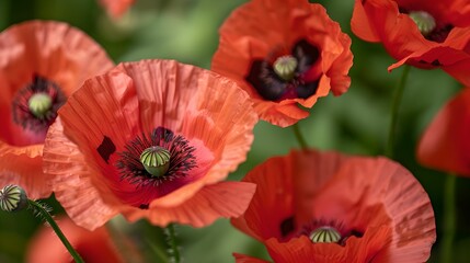 Close-Up of Vibrant Red Poppy Flowers in Full Bloom