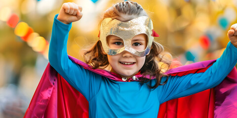 niña pequeña jugando haciendo travesura disfrazada de superhéroe.