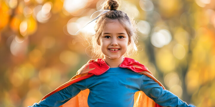 ni&ntilde;a peque&ntilde;a  jugando haciendo travesura disfrazada de superh&eacute;roe.