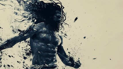 A minimalist illustration of Samson fighting, featuring a stylized figure with flowing hair engaged in combat, depicted with minimal details that emphasize dynamic movement 