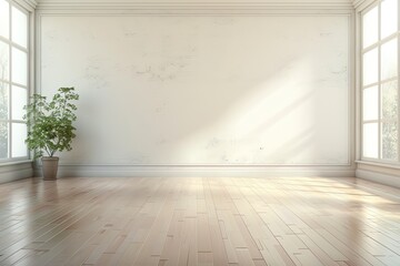 Obraz premium Minimalist Empty Room with White Walls Background, House Plant on Wooden Floors.