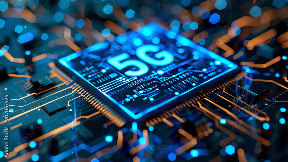 Poster concept cpu microchip with 5g ai and data network. close-up view of modern chip gpu card with circui