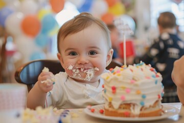 A baby sitting at a birthday party, eagerly eating cake with their hands