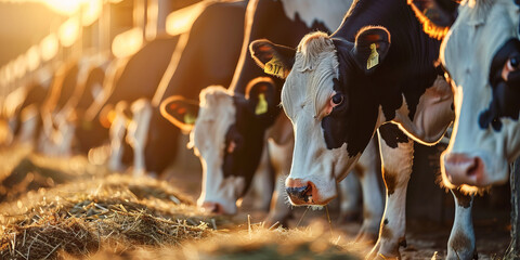 Dairy farm livestock industry banner. Portrait cows stand in row and Feeding in Barn, sunlight.