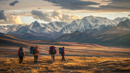 Majestic Sunset Hike, Group of People Trekking with backpacks in Mountainous Terrain, sunset light.