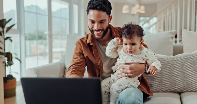 Laptop, baby and home with dad and video for education, learning and youth development. Love, care and father with kid cartoon and website series with family and computer in a living room with movie