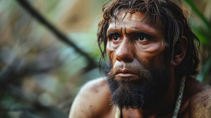 Portrait Neanderthalensis contemplative primitive Man with natural Backdrop, sunset light.