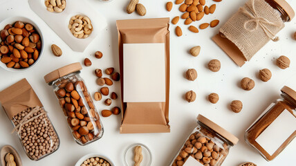 Eco Friendly Packaging box with white blank label for name and Organic Nuts Assortment Display on Neutral Background.