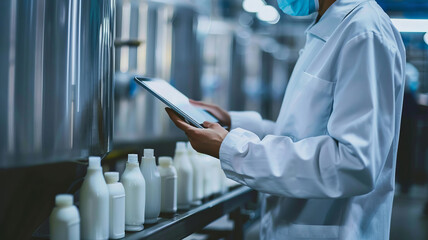 Quality Control Specialist Inspecting Dairy Production Line with computer tablet in Factory banner.