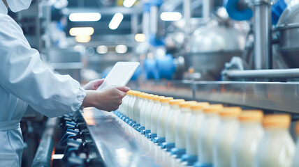 Quality Control Specialist Inspecting Dairy Production Line with computer tablet in Factory banner.