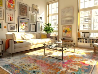 BohoChic Eclectic Living Room with Vintage Rug and Industrial Coffee Table in Warm Natural Light