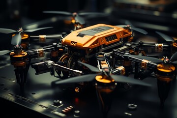 Fototapeta premium High tech lab drones flying over equipment, top view, aerial surveillance, black and white, robotic tone, Split complementary color scheme