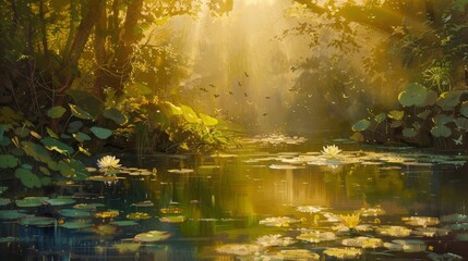 Sunlight filters through lush foliage casting dappled shadows on a tranquil pond with lilies and dragonflies background