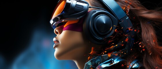Naklejka premium Virtual reality Labeled AI simulation, side view, immersive tech environment, sleek and blue, advanced tone, Complementary Color Scheme