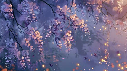 Serene composition with lavender and rose gold gradients cherry blossoms and fireflies background