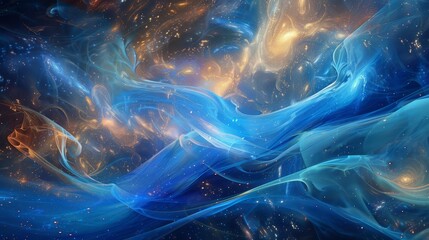 Enigmatic backdrop with translucent veils in shades of azure and cerulean adorned with galaxies and stars background