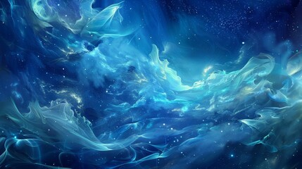 Backdrop with translucent veils in azure and cerulean adorned with galaxies background