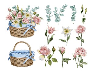 Watercolor floral illustration . Pink flowers roses, lilies and eucalyptus leaves bouquet. Perfect wedding stationary, greetings, fashion, background. For fabric textile design or Product packaging