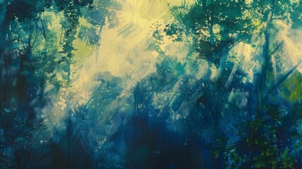 Fototapeta premium Mist shadow layers golden sunlight dense foliage tranquil forest background