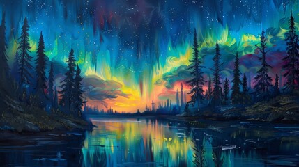 Arctic magic with auroras stars tranquil waters background