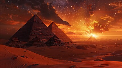 Fiery sunset over desert pyramids amidst swirling sand dunes background