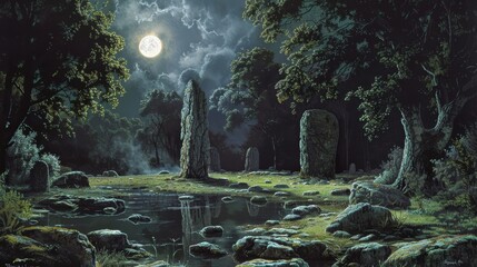 Fototapeta premium Mysterious stone circles and standing stones in moonlit forest background