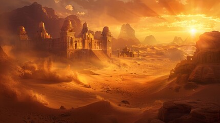 Sandstone kingdom: swirling sandstorms ancient temples fiery sunset background