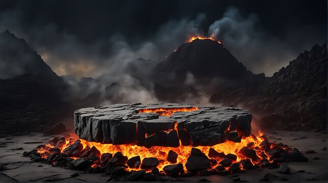  Fire lava podium rock volcano background product magma display 3d scene stone floor. Platform lava podium mountain fire smoke stage hot outdoor ground geometric isolated blast abstract texture meteor