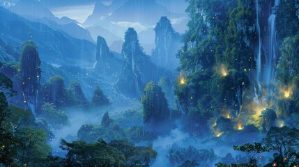 Misty mountain scene with cascading waterfalls and glowing fireflies background