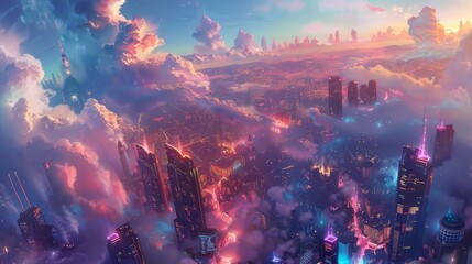 Surreal cityscape with neon lights and distant mountains background