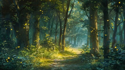 Obraz premium Enchanting forest with luminescent fireflies background