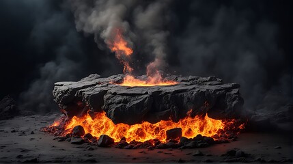  Fire lava podium rock volcano background product magma display 3d scene stone floor. Platform lava podium mountain fire smoke stage hot outdoor ground geometric isolated blast abstract texture meteor