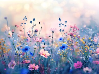 Beautiful spring meadow with wild flowers in pastel colors, blurred background, banner for design