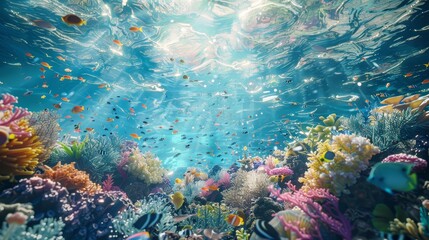 Fototapeta premium Abstract underwater world with coral reefs and exotic sea creatures background