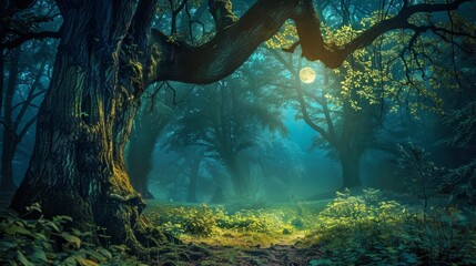 Forest glade bathed in moonlight with ancient trees background