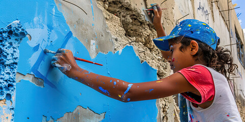 Electric Blue: A young activist paints a symbol of hope on a torn-down wall, their brushstrokes...
