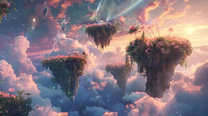Fototapeta premium Surreal garden with floating islands exotic plants and stars background